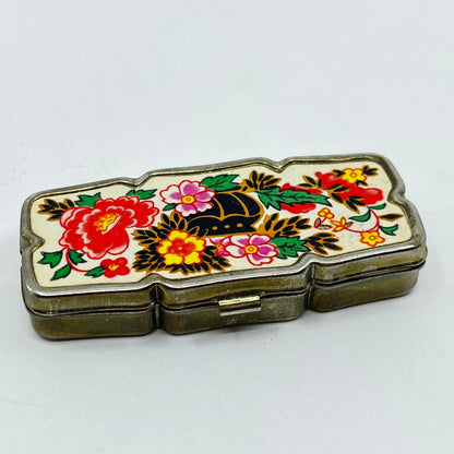 Vintage Gold Tone Enamel Floral Pill Box Style Sewing Kit SD3