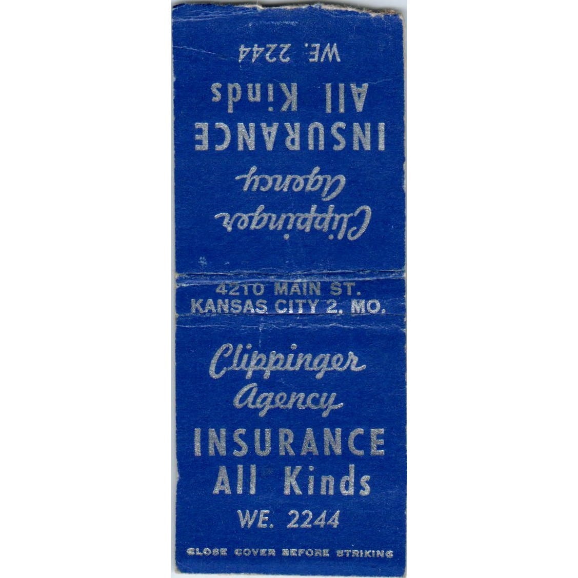 Clipper Agency Ins. Kansas City MO Advertising Matchbook Cover SA9-M4