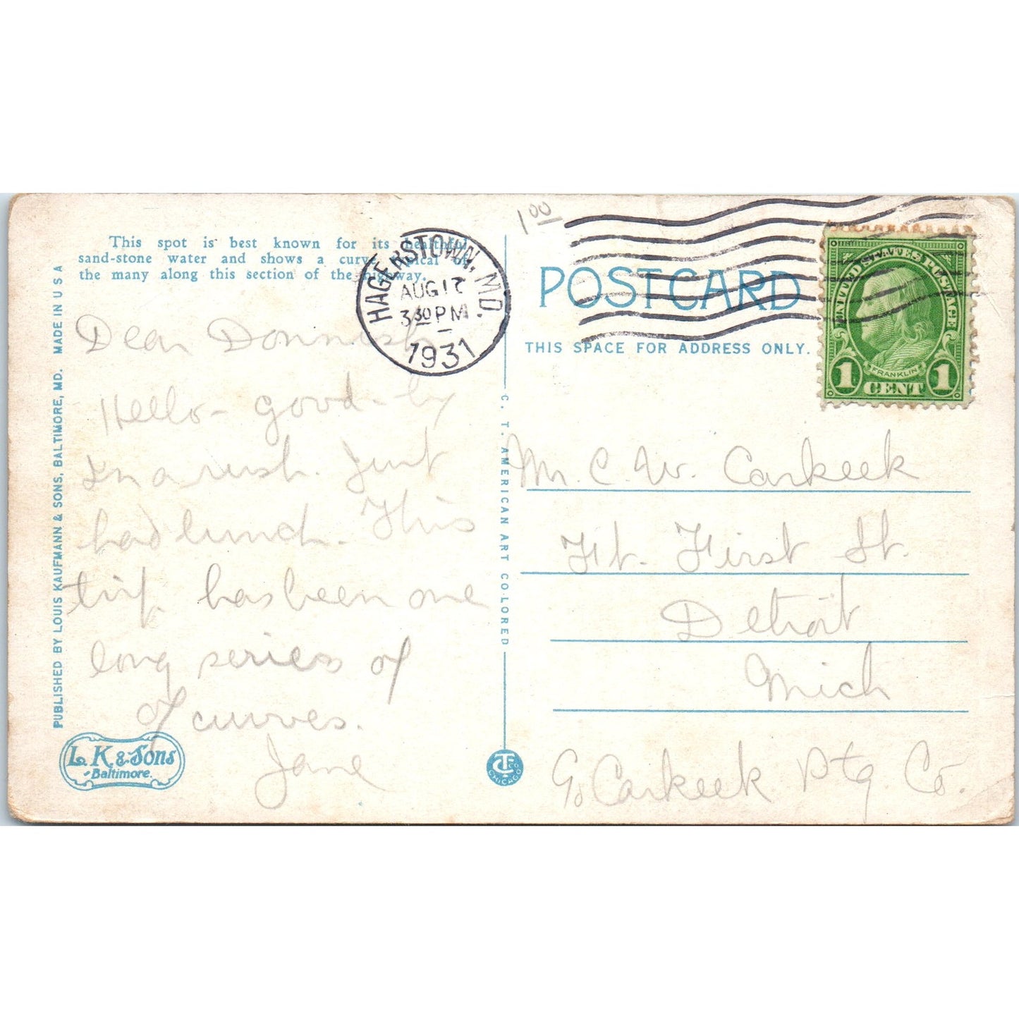 Forest Park Sideling Hill Mtn Cumberland Hagerstown MD 1931 - Postcard P3-4