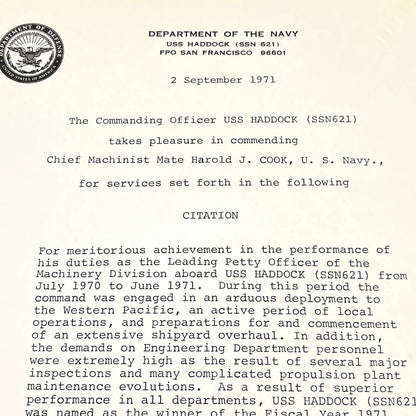 1971 US Navy Letter of Commendation USS Haddock PB Grozen Harold J Cook AB8