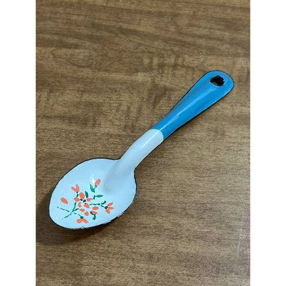 Vintage Enamel Spoon Blue and White Hand Painted Flowers 6” SD5