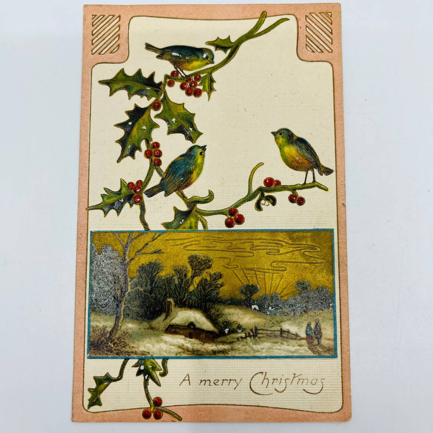 1910s Christmas Post Card Embossed Birds Holly Dresden Gilt Snow Cottage PA4