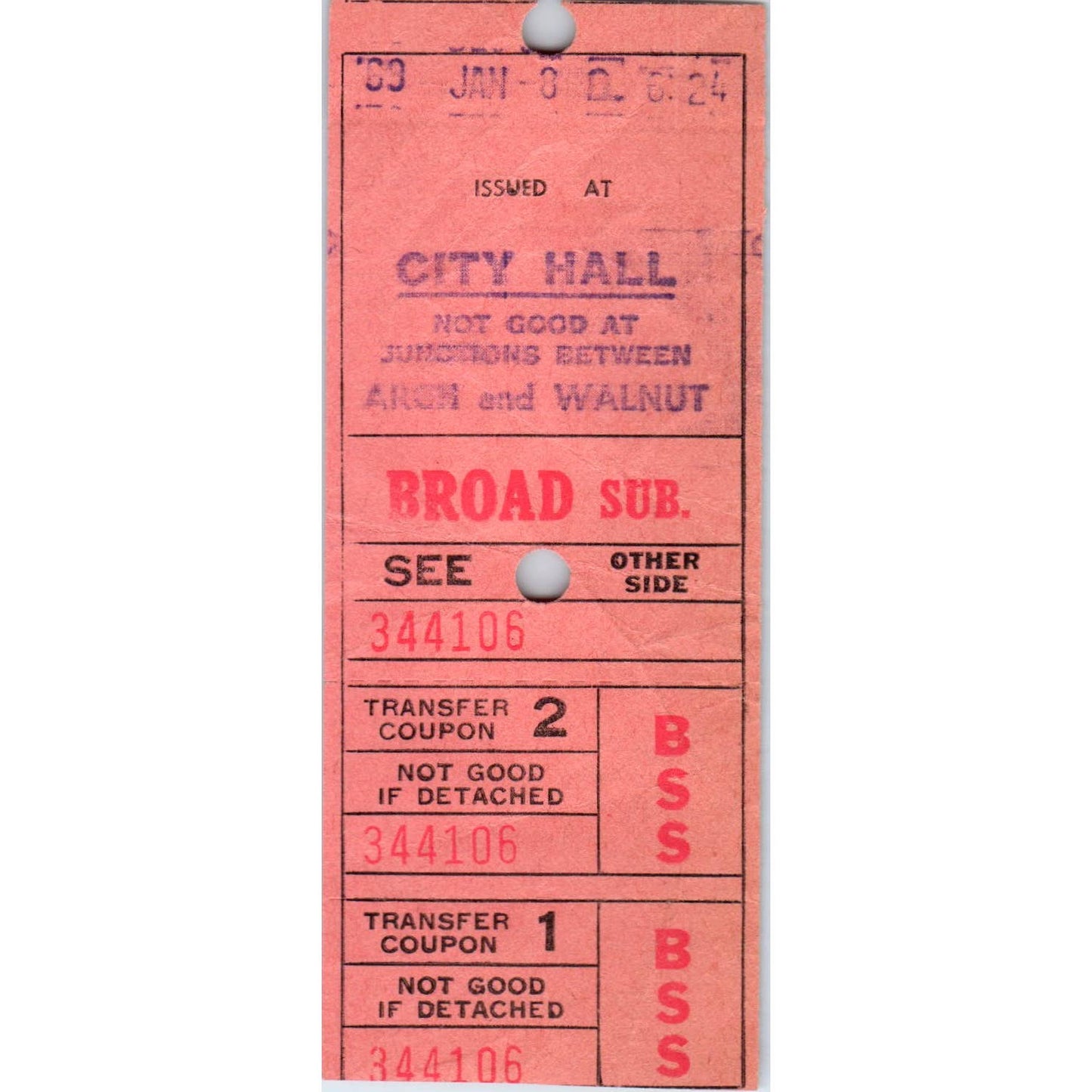 1969 Philadelphia Transport Co Streetcar Transfer Ticket Broad Sub SE8