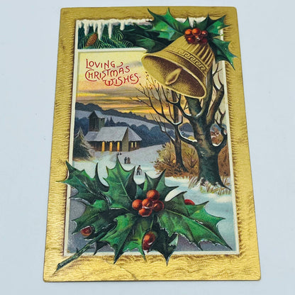 1910s Christmas Post Card Embossed Bell Holly Church Snow Sunset Gilt PA4