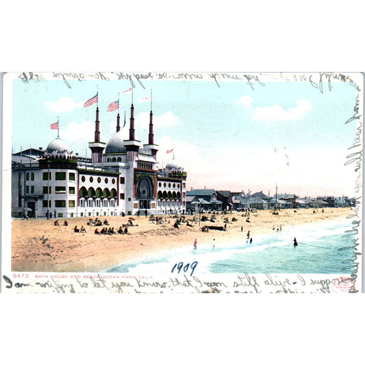 Ocean Park California Bath House and Beach 1909 Original Postcard TK1-25