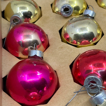 Coby 12 Vintage 1 3/4" Mercury Glass Ornaments Original Box Red Gold OT1