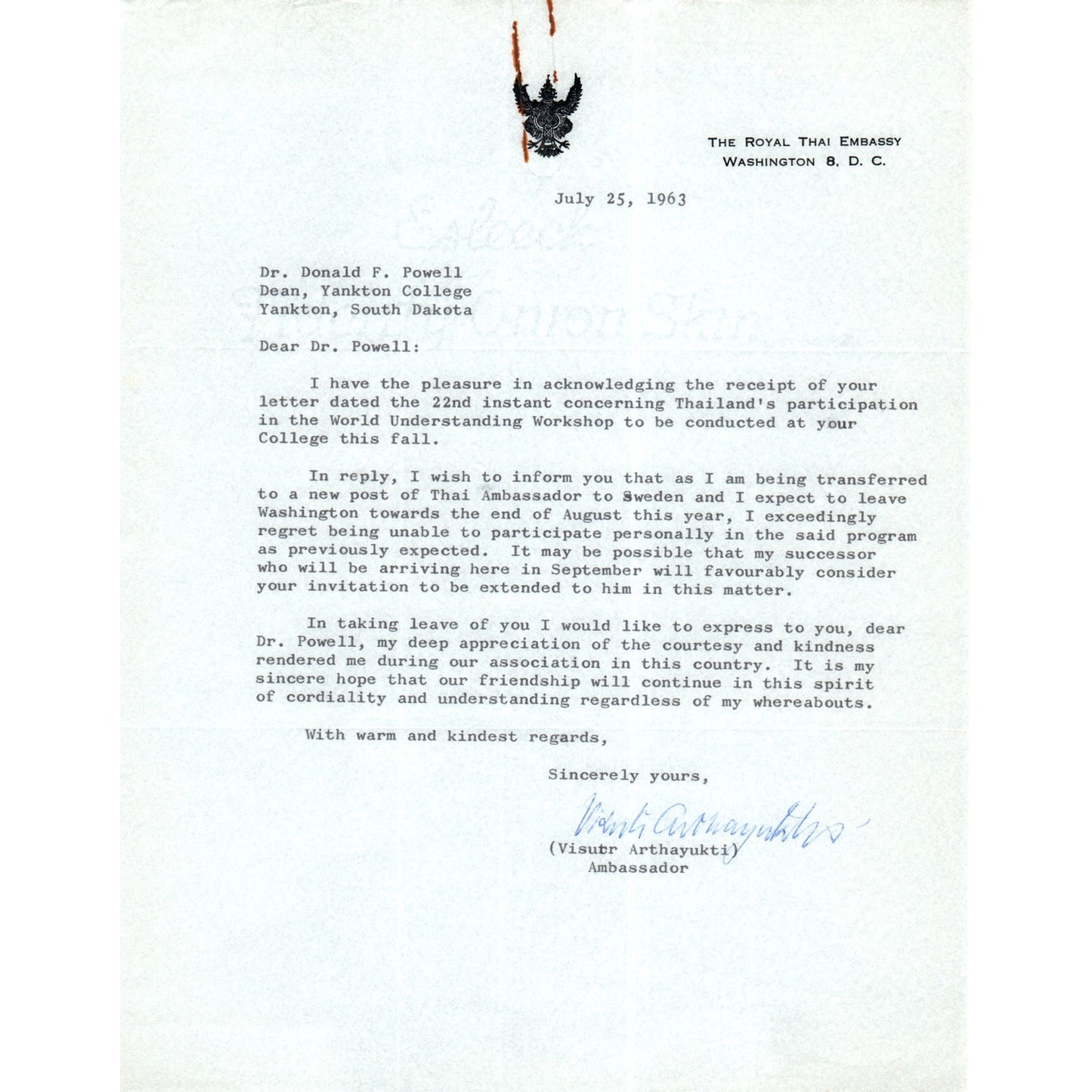 The Royal Thai Embassy Letterhead Memo Visutr Arthayukti July 1963 B15