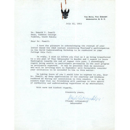 The Royal Thai Embassy Letterhead Memo Visutr Arthayukti July 1963 B15