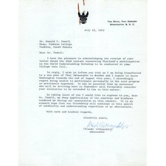 The Royal Thai Embassy Letterhead Memo Visutr Arthayukti July 1963 B15