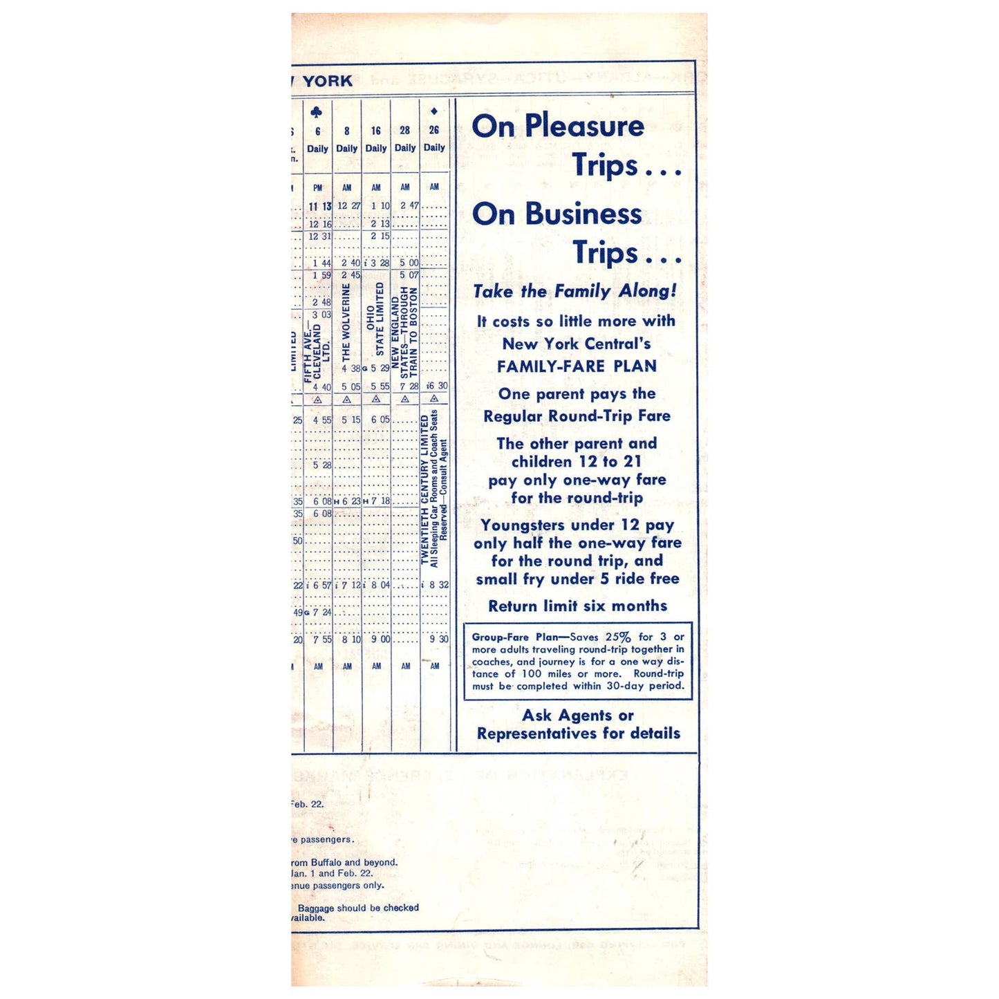 1961 New York Central Railroad New York State Area Time Table SE4