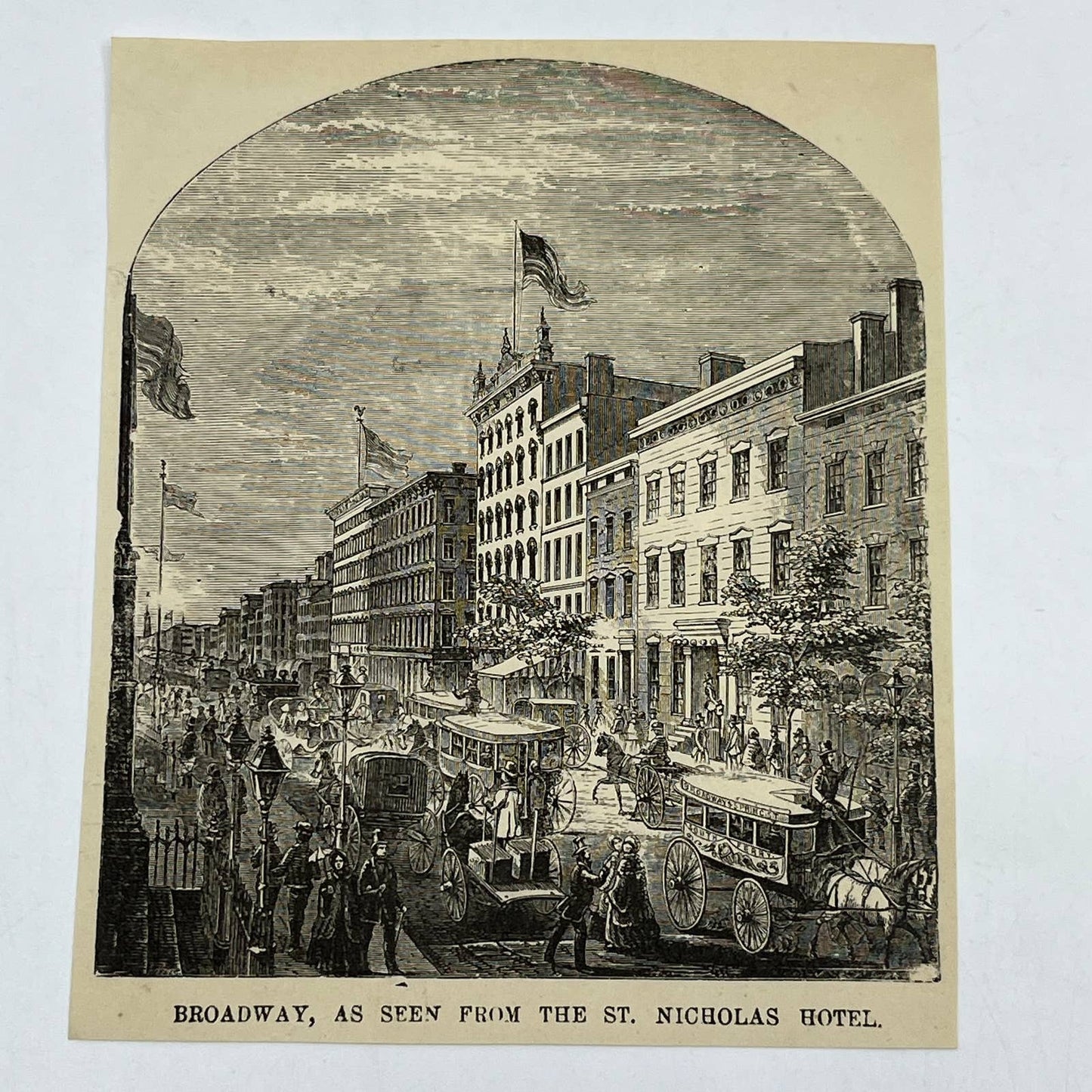 1880s Original Art Engraving Broadway, from the St. Nicholas Hotel NY ~4x5" AC9