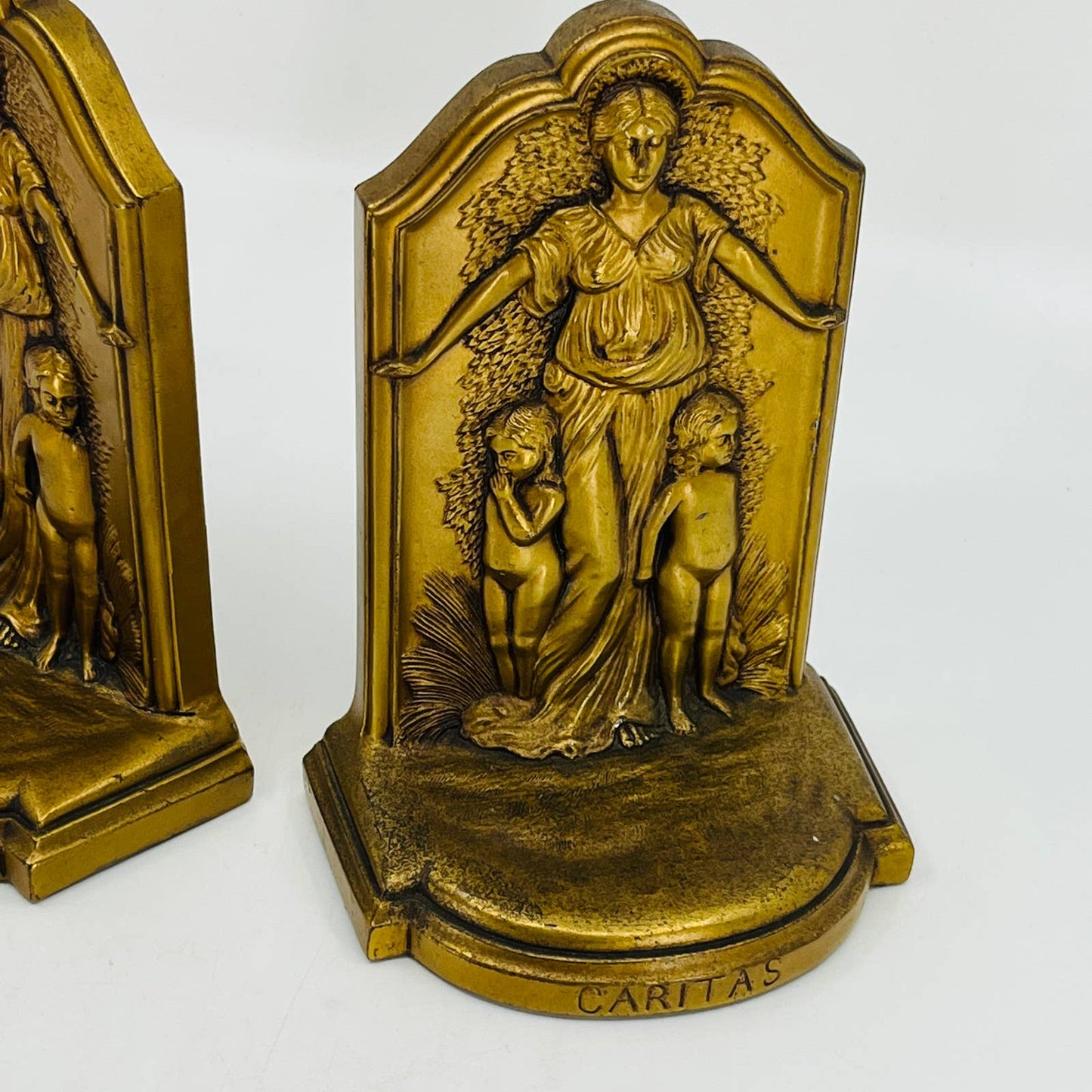 1920s Jennings Brothers Caritas Charity Bronze Finish Bookends Woman 6” TB9