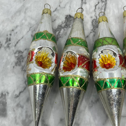 Lot of 4 VTG Recessed Teardrop Mica Stencil Blown Mercury Glass Ornaments OT2