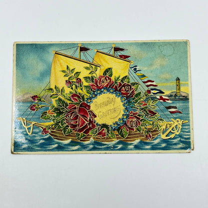 1910s Postcard Birthday Embossed Clipper Ship Lighthouse Gilt SC9
