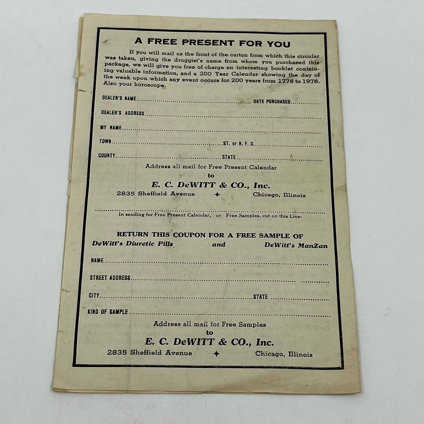 Antique DeWitt’s Pills Leaflet Order Form Kidney Quack Medicine Chicago IL D3