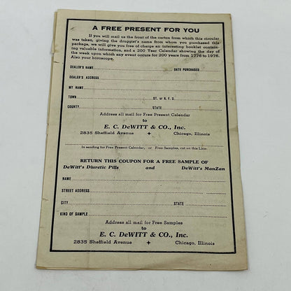 Antique DeWitt’s Pills Leaflet Order Form Kidney Quack Medicine Chicago IL D3