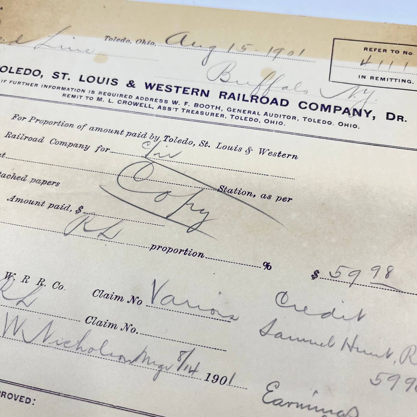 1901 Toledo, St. Louis & Western Railroad RR Billhead Receipt AA9