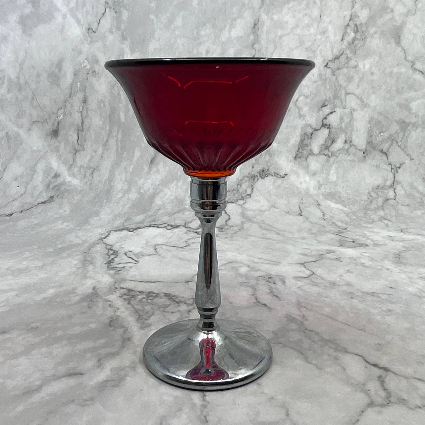 New Martinsville Red Elegant Glass Chrome Stem 5 1/4" Wine Glass Set of 2 TI7