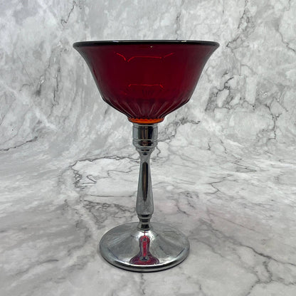 New Martinsville Red Elegant Glass Chrome Stem 5 1/4" Wine Glass Set of 2 TI7