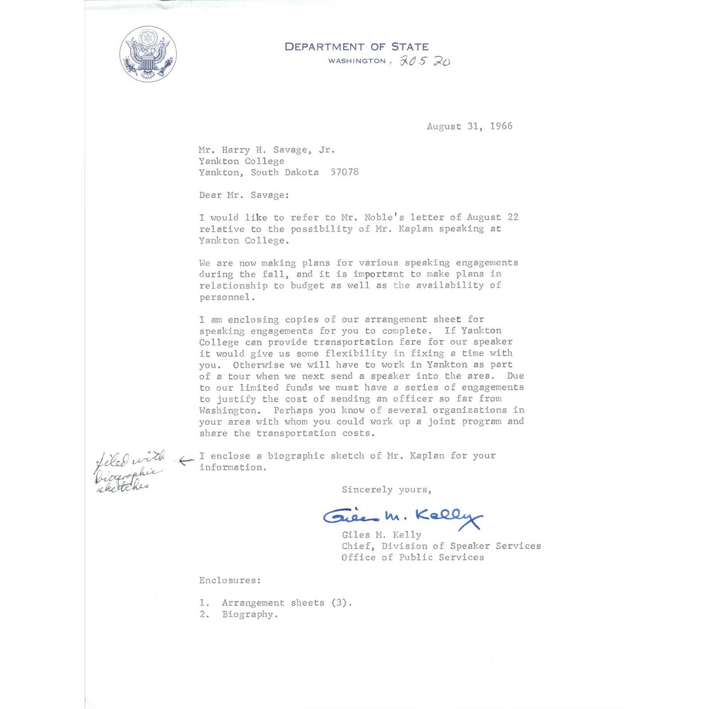 Official US Department of State Letterhead Memo Giles M. Kelly 9/31/66 TK1-P8