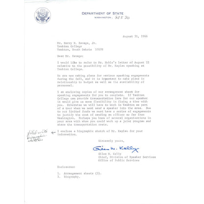 Official US Department of State Letterhead Memo Giles M. Kelly 9/31/66 TK1-P8