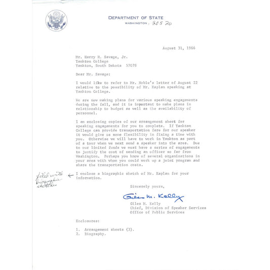 Official US Department of State Letterhead Memo Giles M. Kelly 9/31/66 TK1-P8