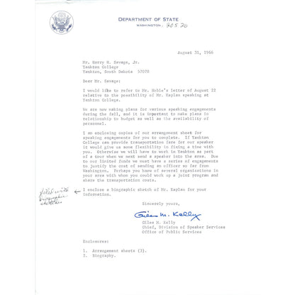 Official US Department of State Letterhead Memo Giles M. Kelly 9/31/66 B13