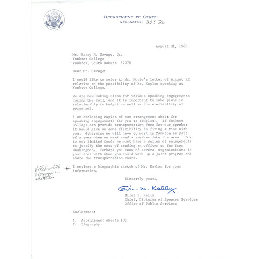 Official US Department of State Letterhead Memo Giles M. Kelly 9/31/66 B13