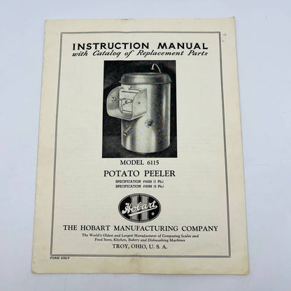 1959 Hobart Instruction Manual Parts List Potato Peeler Model 6115 C11
