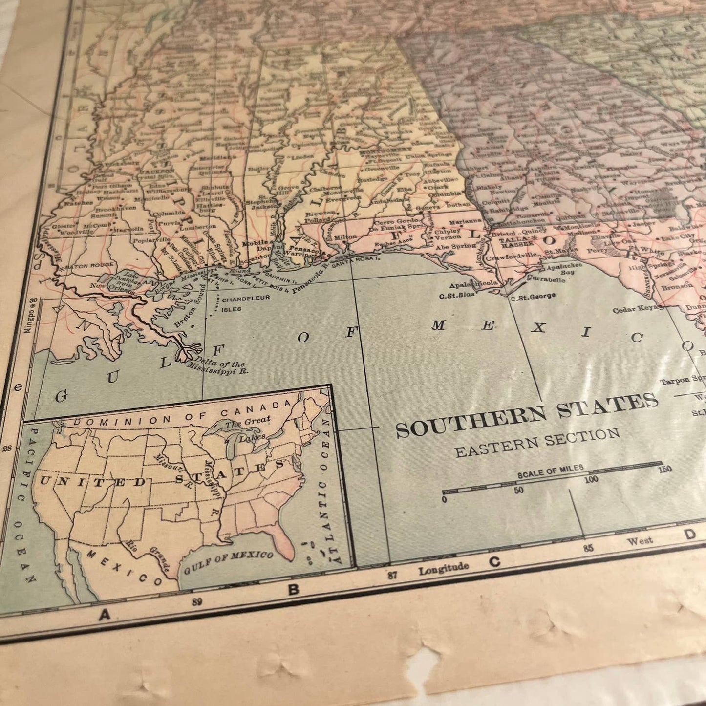 Antique 1903 Map of SOUTHERN STATES USA Color 10 x 12” FL5