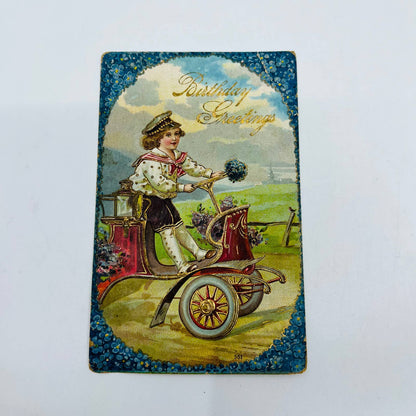 1910s Birthday Card Art Nouveau Dresden Gilt Embossed Boy EARLY AUTOMOBILE PA5