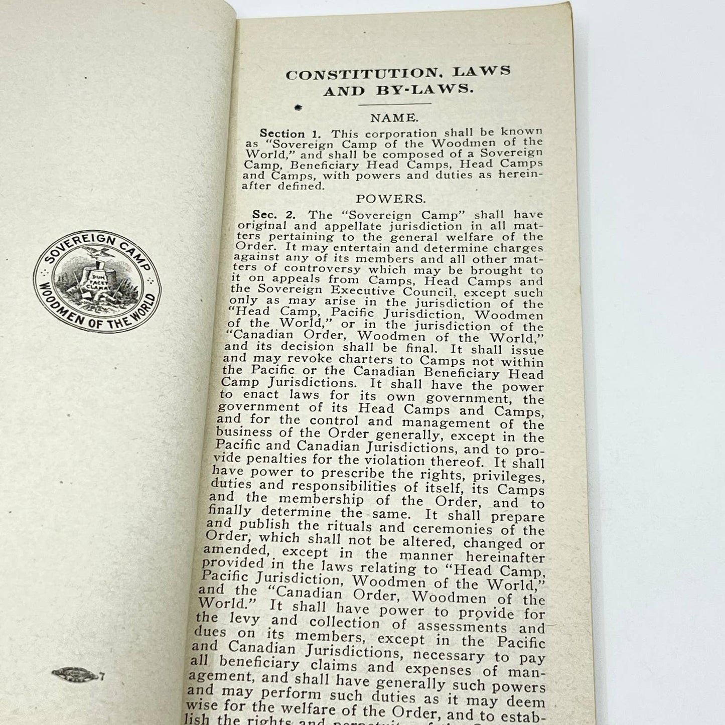 1913 Woodmen Of The World Constitution & By-laws Jacksonville FL TE8-1