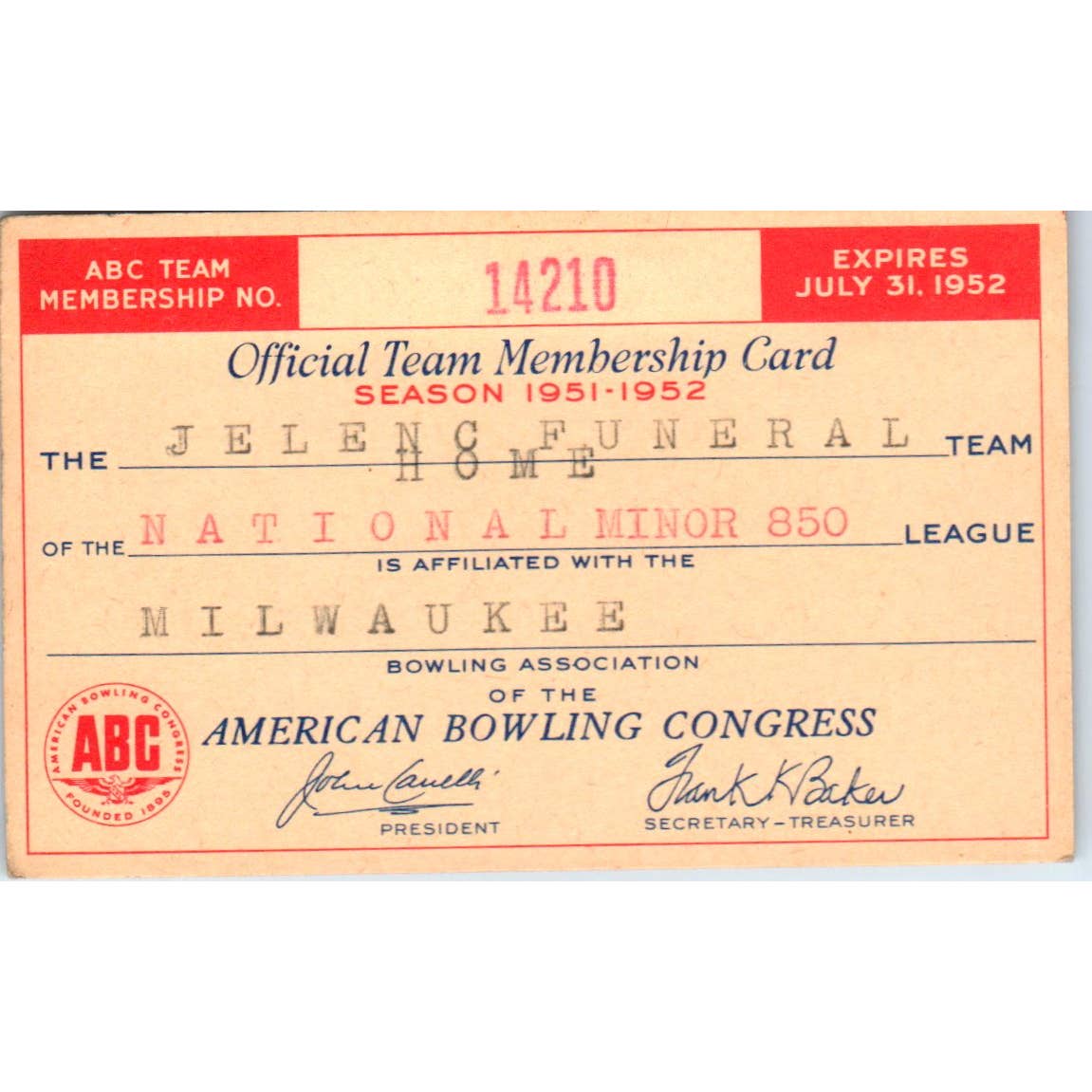1952 American Bowling Congress Milwaukee Membership National Minor 850 SE5-46