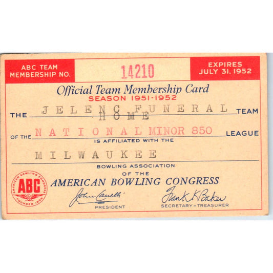 1952 American Bowling Congress Milwaukee Membership National Minor 850 SE5-46