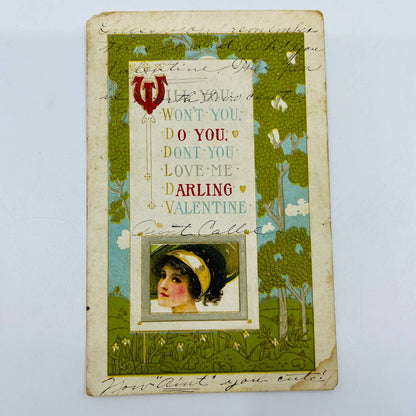 1914 Valentine’s Post Card Victorian Lady Poem Embossed Trees PA3