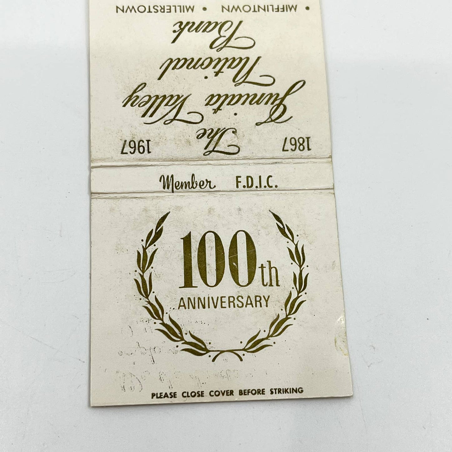 1967 Matchbook Juniata Valley National Bank 100th Anniversary Mifflintown PA SC6