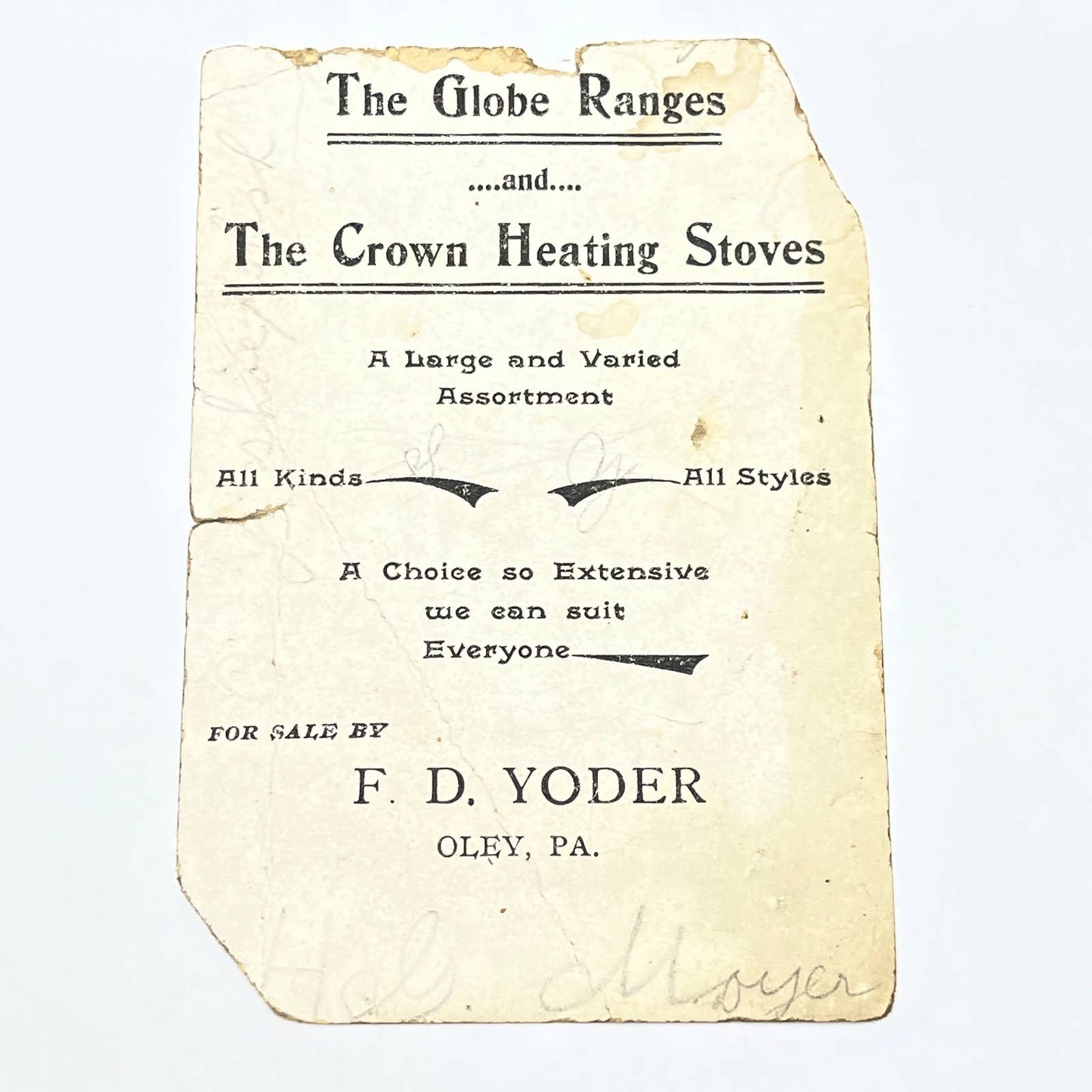 1880s Victorian Trade Card Crown Heating Stoves F.D. Yoder Oley PA AC2