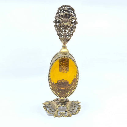 Vintage French Filagree Gilt Ormolu Amber Glass Perfume Bottle 10" TF6