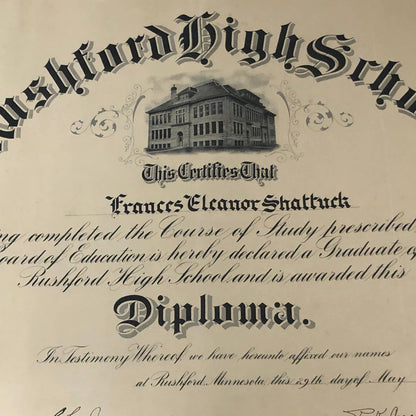 1924 Rushford High School Diploma Francis Eleanor Shattuck Austin Minnesota RU1