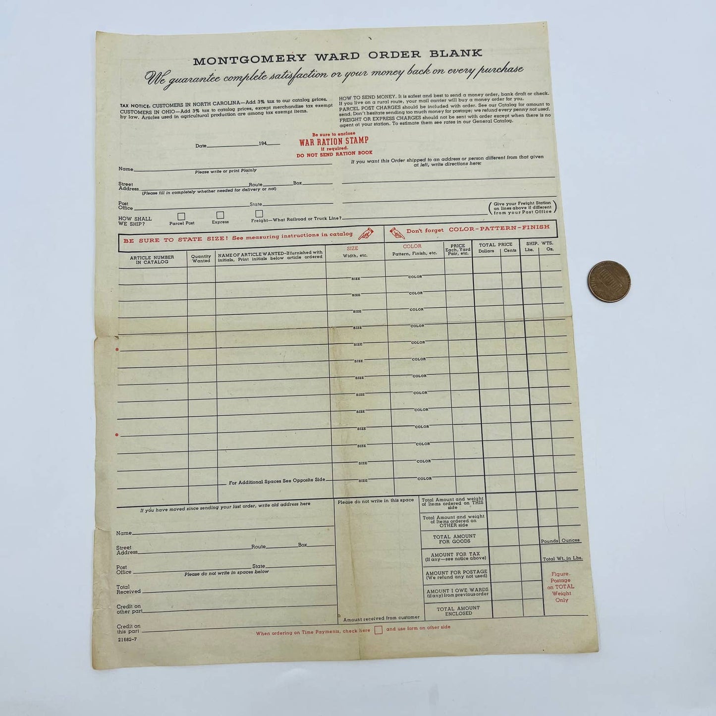 1940s WWII Era Montgomery Wards Order Blank Form - War Ration Stamp Option D2