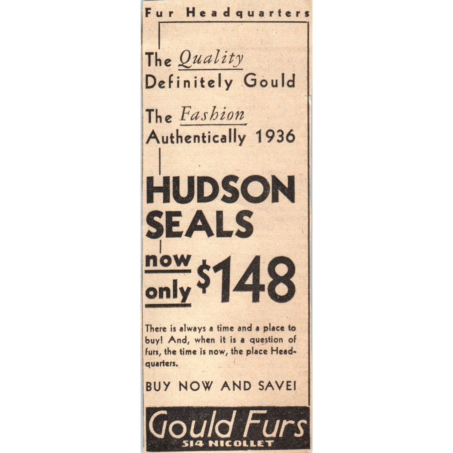 1935 Minneapolis Journal Newspaper Ad Gould Furs 514 Nicollet FL5-4