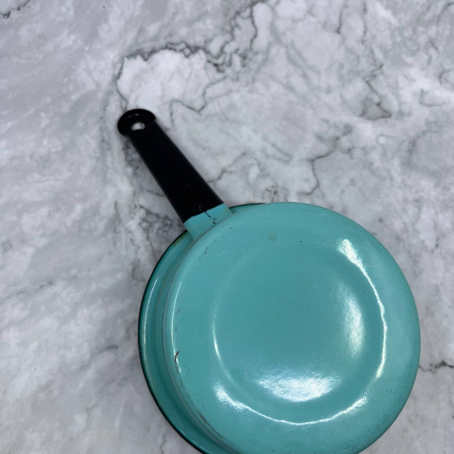 Vintage Enamelware Sauce Pan Turquoise w/ Black Trim 6" TJ1