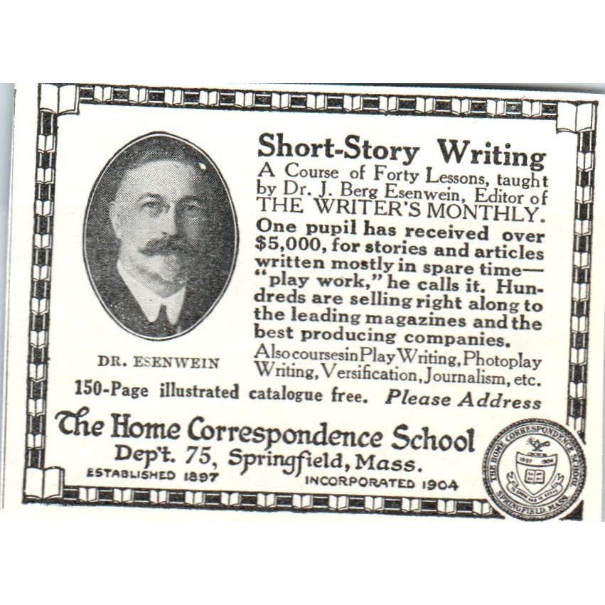 Short Story Writing Correspondence Course Dr. Esenwein - 1921 Original Ad TJ7-S8