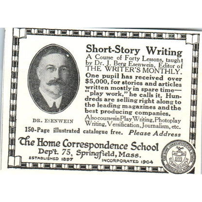 Short Story Writing Correspondence Course Dr. Esenwein - 1921 Original Ad TJ7-S8