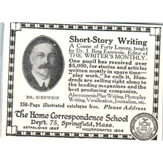 Short Story Writing Correspondence Course Dr. Esenwein - 1921 Original Ad TJ7-S8