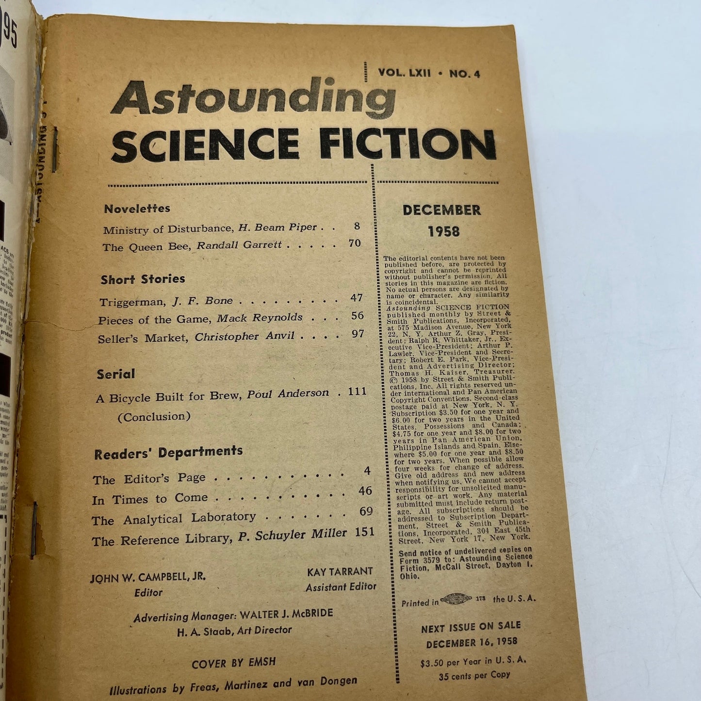 Astounding Science Fiction Magazine - December 1958 pulp Trader Sam TH9