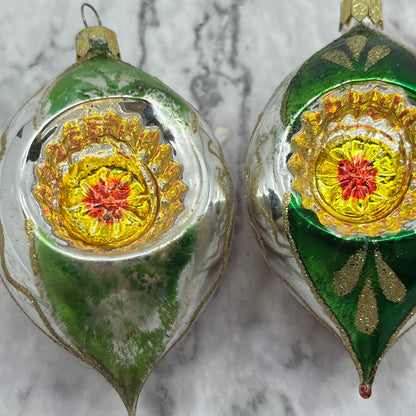 Lot of 3 Vtg Recessed Teardrop Mica Stencil Blown Mercury Glass Ornaments OT2
