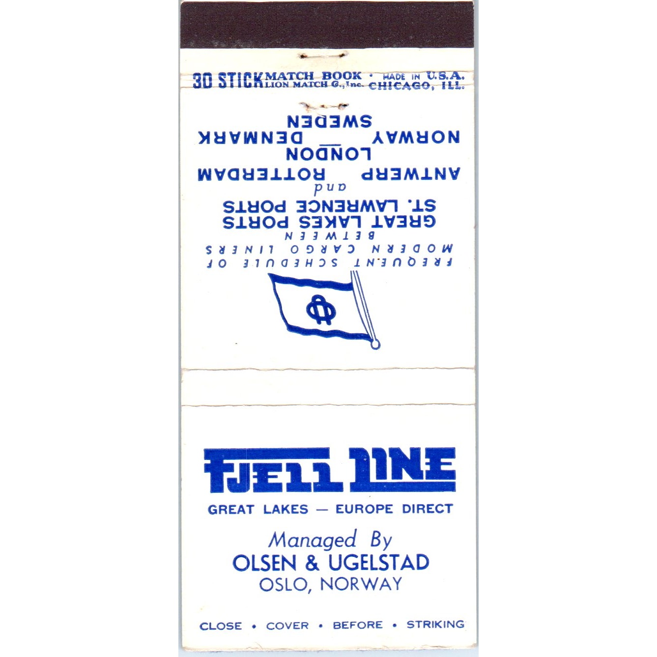 Fjell Line Oslo Norway Cargo Liners Advertising Matchbook Cover MM9-6