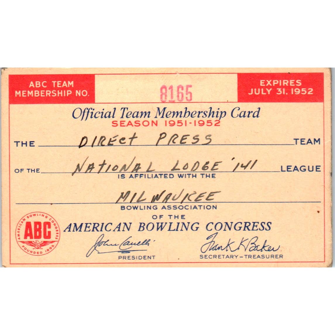 1952 American Bowling Congress Milwaukee Membership Card National Lodge 141 SE5-47