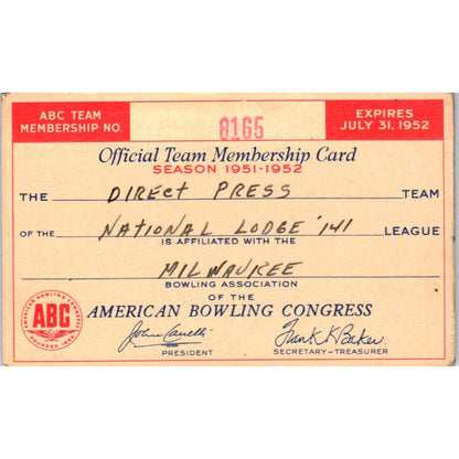 1952 American Bowling Congress Milwaukee Membership Card National Lodge 141 SE5-47